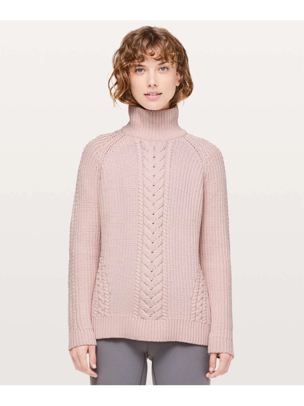Lululemon Bring The Cozy Turtleneck Sweater Sz M Misty Pink Cable Knit